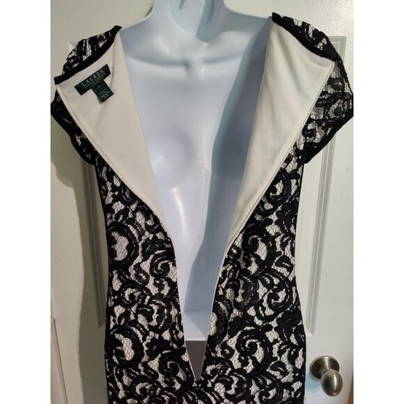 Lauren Ralph Lauren Ivory & Black Lace Bodycon Knee-Length Short Sleeve Dress 4 - Picture 7 of 11